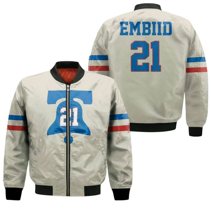 76Ers Joel Embiid 2020-21 Earned Edition Cream Bomber Jacket