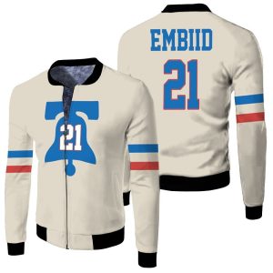 76Ers Joel Embiid 2020-21 Earned Edition Cream Fleece Bomber Jacket
