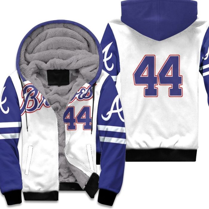 Atlanta Braves Hank Aaron 44 2020 Mlb White And Blue Inspired Unisex Fleece Hoodie