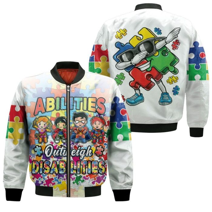 Autism Support Boys Abilities Outweigh Disabilities Bomber Jacket