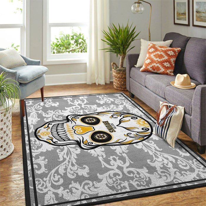 Boston Bruins Nhl Team Logo Skull Flower Style Nice Gift Home Decor Rectangle Area Rug