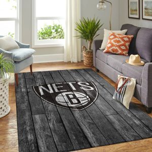 Brooklyn Nets Nba Team Logo Grey Wooden Style Nice Gift Home Decor Rectangle Area Rug