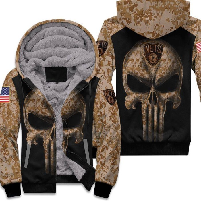 Camouflage Skull Brooklyn Nets American Flag Unisex Fleece Hoodie