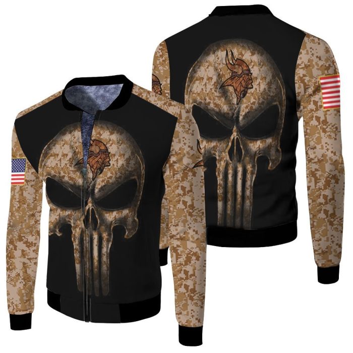 Camouflage Skull Minnesota Vikings American Flag Fleece Bomber Jacket