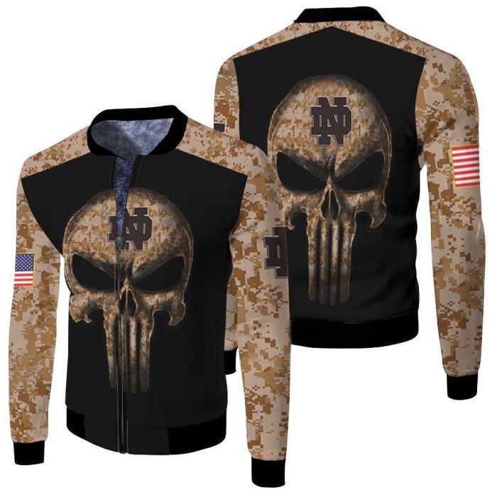 Camouflage Skull Notre Dame Fighting Irish American Flag 3D Fleece Bomber Jacket