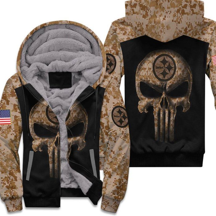 Camouflage Skull Pittsburgh Steelers American Flag 3D Unisex Fleece Hoodie