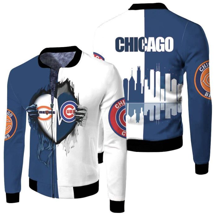 Chicago Bears And Chicago Cubs Heartbeat Love Ripped 3D Fleece Bomber Jacket