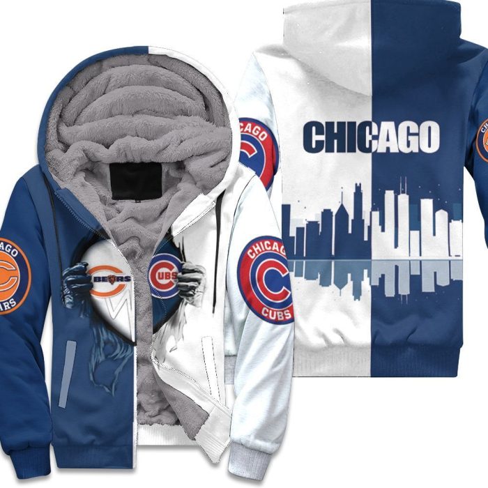 Chicago Bears And Chicago Cubs Heartbeat Love Ripped 3D Unisex Fleece Hoodie