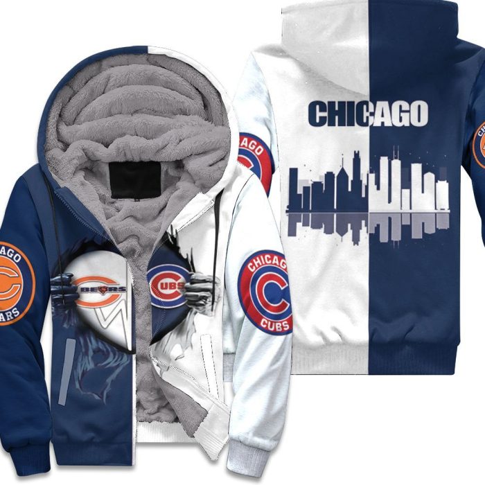 Chicago Bears Chicago Cubs Heartbeat Love Ripped 3D Unisex Fleece Hoodie