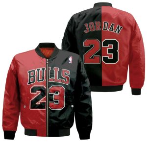 Chicago Bulls Michael Jordan 23 NBA Throwback Split Edition Red Black Inspired Style Bomber Jacket