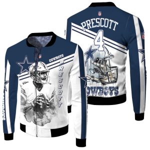 Dak Prescott 2 Dallas Cowboys Black & White 3D Fleece Bomber Jacket