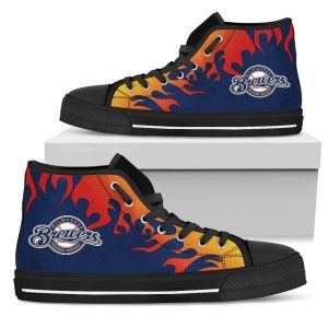 Fire Burning Fierce Strong Logo Milwaukee Brewers MLB Custom Canvas High Top Shoes