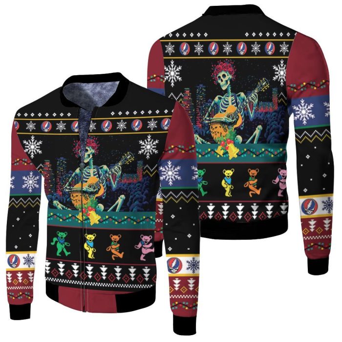 Grateful Dead Skull Skeleton Play Guitar Ugly Christmas 3D Fleece Bomber Jacket