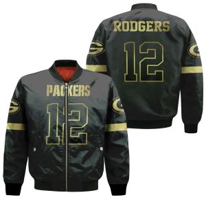 Green Bay Packers 12 Aaron Rodgers Black Golden Edition Inspired Bomber Jacket