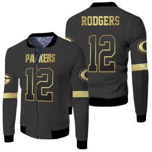 Green Bay Packers 12 Aaron Rodgers Black Golden Edition Inspired Fleece Bomber Jacket