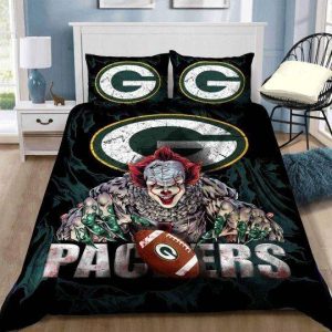 Green Bay Packers Logo Scary Clown Bedding Set - 1 Duvet Cover & 2 Pillow Case