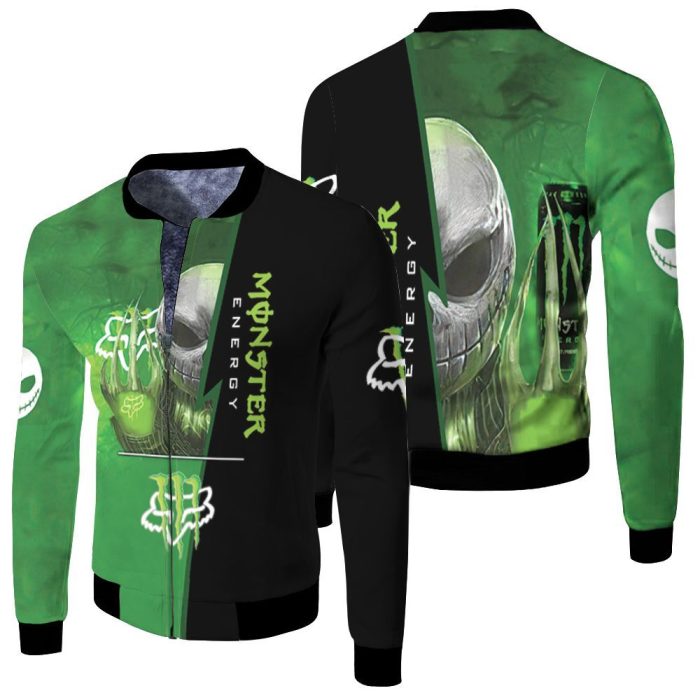 Jack Skellington Hold Monster Energy Logo 3D Fleece Bomber Jacket