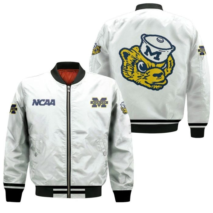 Michigan Wolverines Ncaa Classic White With Mascot Logo Gift For Michigan Wolverines Fans Bomber Jacket