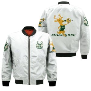 Milwaukee Bucks Basketball Classic Mascot Logo Gift For Bucks Fans White Bomber Jacket