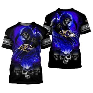 NFL Baltimore Ravens Skulls Devil Skeleton Gift For Fan 3D T Shirt Sweater Zip Hoodie Bomber Jacket