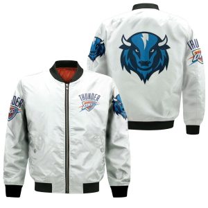 Oklahoma City Thunder Basketball Classic Mascot Logo Gift For Thunder Fans White Bomber Jacket