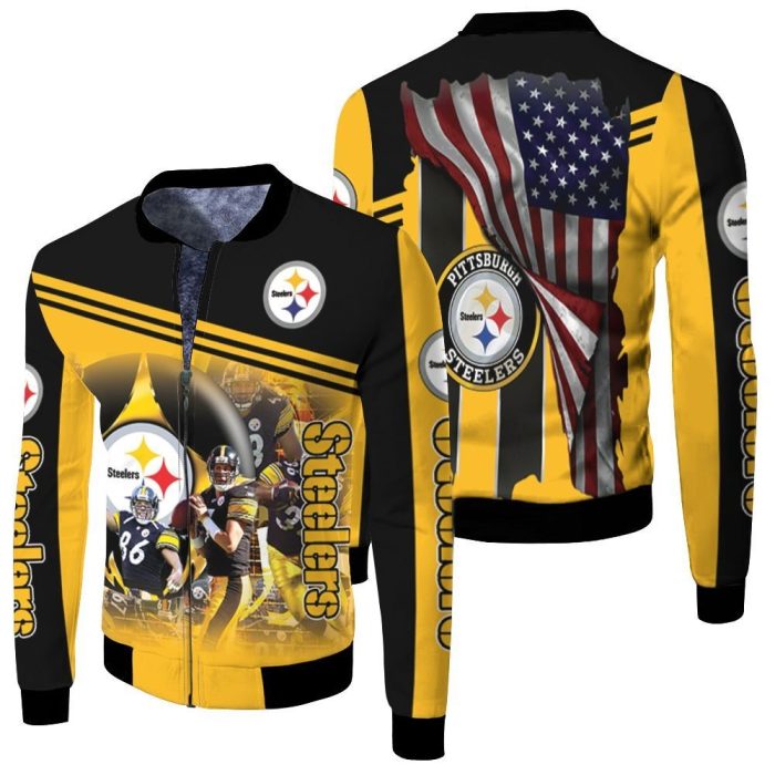 Pittsburgh Steelers Great Players 2020 NFL Season American Flag Black And Yellow Fleece Bomber Jacket