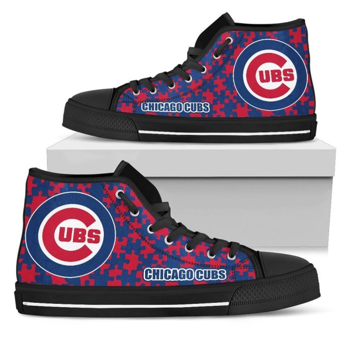 Puzzle Logo With Chicago Cubs MLB Custom Canvas High Top Shoes