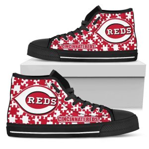 Puzzle Logo With Cincinnati Reds MLB Custom Canvas High Top Shoes