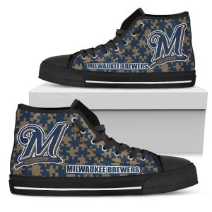 Puzzle Logo With Milwaukee Brewers MLB Custom Canvas High Top Shoes