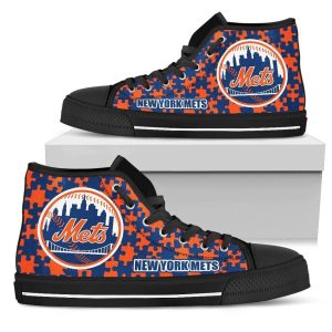 Puzzle Logo With New York Mets MLB Custom Canvas High Top Shoes