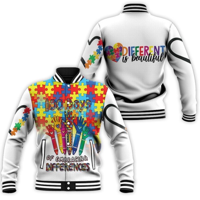 100 Days Of Embracing Differences Raise Hands Autism Support Baseball Jacket