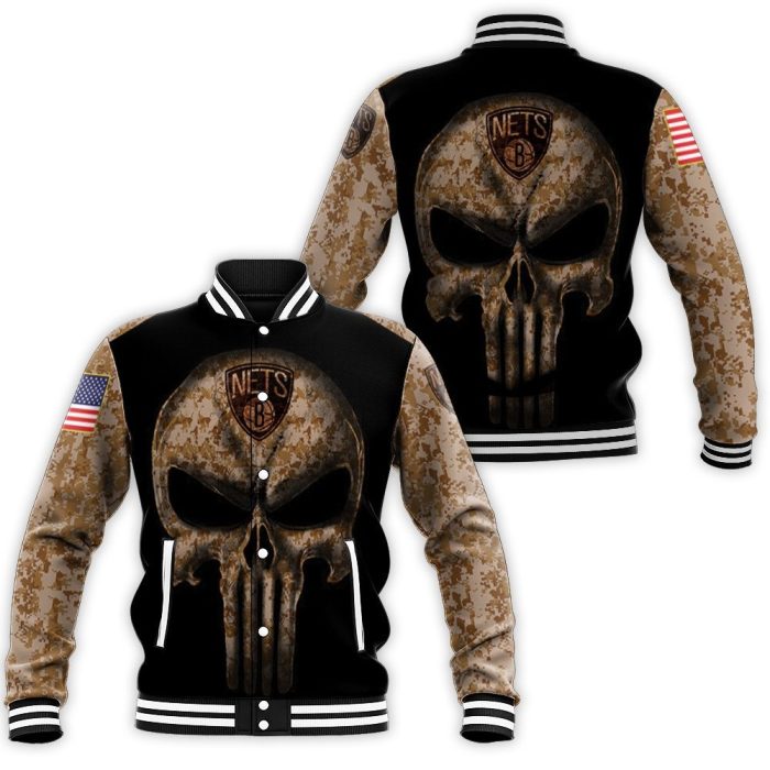 Camouflage Skull Brooklyn Nets American Flag Baseball Jacket