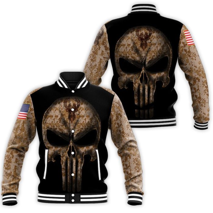 Camouflage Skull Milwaukee Bucks American Flag Baseball Jacket