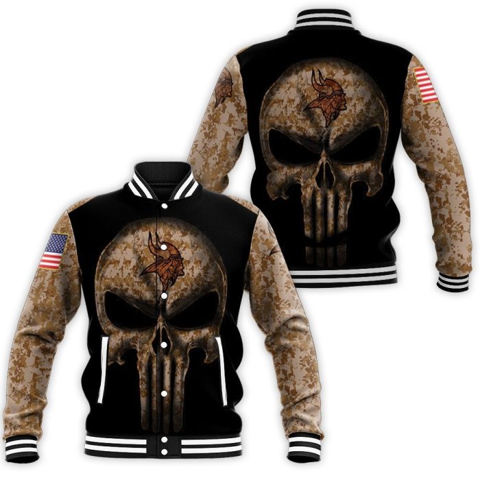 Camouflage Skull Minnesota Vikings American Flag Baseball Jacket