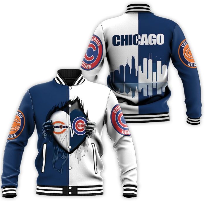 Chicago Bears And Chicago Cubs Heartbeat Love Ripped 3D Baseball Jacket