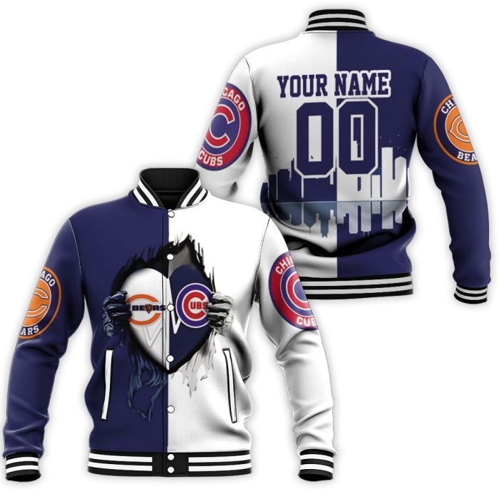 Chicago Bears And Chicago Cubs Heartbeat Love Ripped 3D Personalized Baseball Jacket