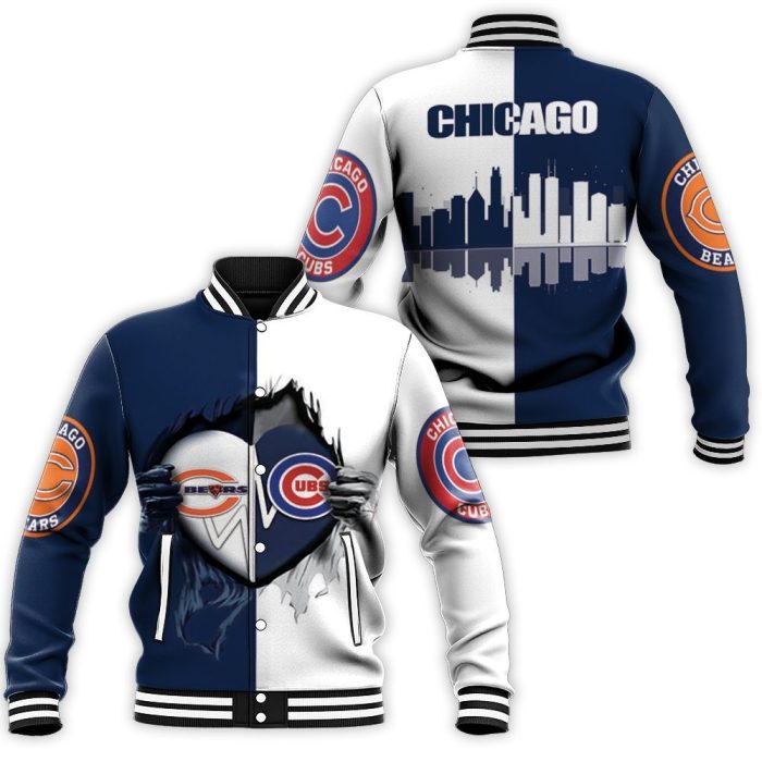 Chicago Bears Chicago Cubs Heartbeat Love Ripped 3D T Shirt Hoodie Sweater Baseball Jacket