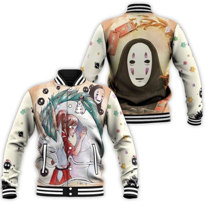 Chihiro Hug Haku Sootballs No Face Kaonashi Spirited Away Studio Ghibli Anime Fan Baseball Jacket