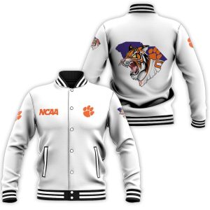 Clemson Tigers Ncaa Classic White With Mascot Logo Gift For Clemson Tigers Fans Baseball Jacket