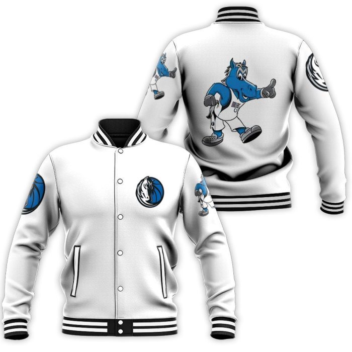 Dallas Mavericks Basketball Classic Mascot Logo Gift For Mavericks Fans White Baseball Jacket