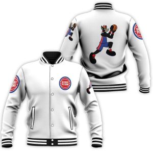 Detroit Pistons Basketball Classic Mascot Logo Gift For Pistons Fans White Baseball Jacket