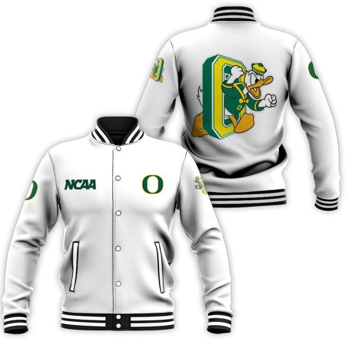 Oregon Ducks Ncaa Classic White With Mascot Logo Gift For Oregon Ducks Fans Baseball Jacket