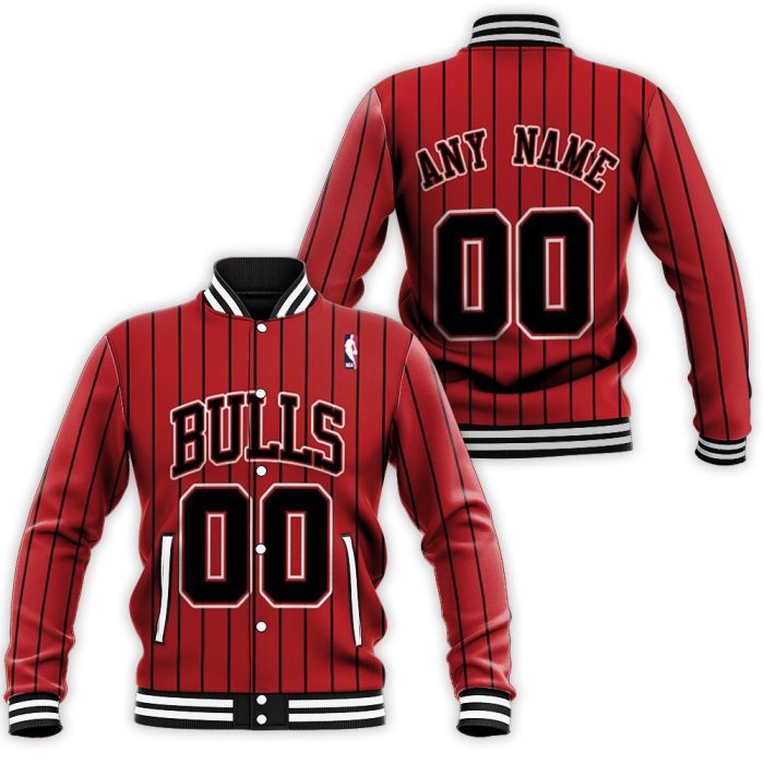 Personalized Chicago Bulls Throwback Red Black Stripe Inspired Style Baseball Jacket