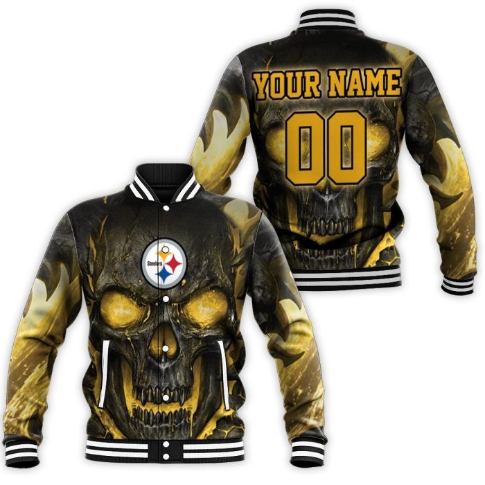 Pittsburgh Steelers Hello Darkness My Old Friend 3D Skull Personalized Baseball Jacket