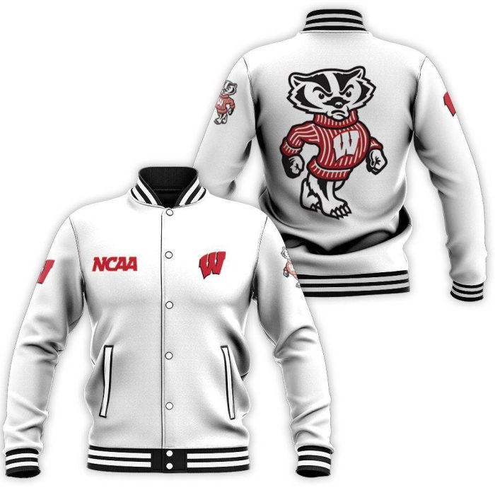 Wisconsin Badgers Ncaa Classic White With Mascot Logo Gift For Wisconsin Badgers Fans Baseball Jacket