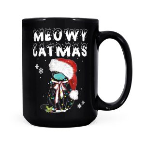 Alternative view of Meowy Catmas Black Cat Santa Mask Christmas Gift - Black Mug