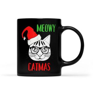 Meowy Catmas Cat Christmas Xmas Kids Girls Boys Gifts Tree - Black Mug