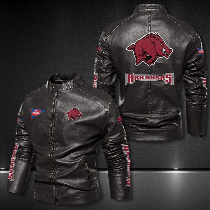 Arkansas Razorbacks Motor Collar Leather Jacket For Biker Racer
