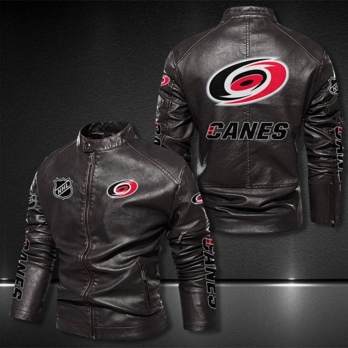 Carolina Hurricanes Motor Collar Leather Jacket For Biker Racer