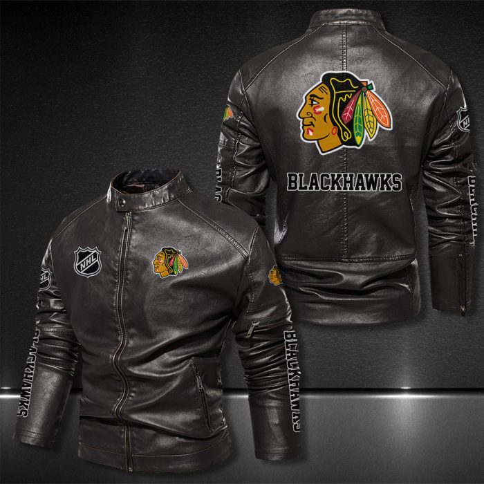Chicago Blackhawks Motor Collar Leather Jacket For Biker Racer